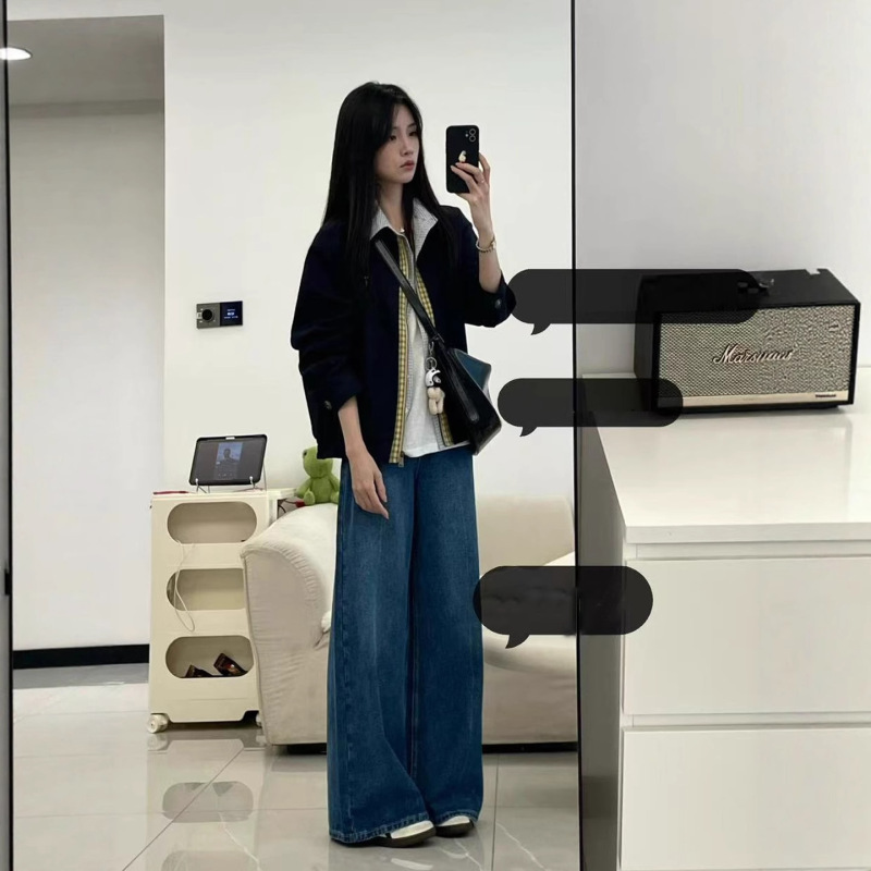 秋装搭配一整套韩系穿搭复古拼接夹克外套宽松牛仔阔腿裤两件套女|undefined