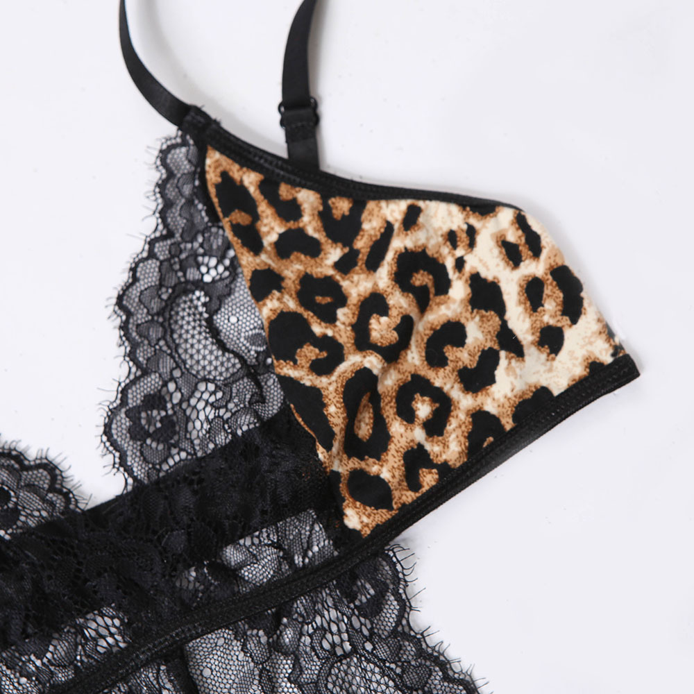 Lace Leopard Print See-Through One-Piece Sexy Lingerie NSRBL110169