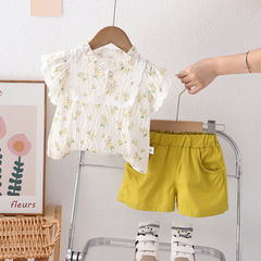 夏季女童櫻桃印花蕾絲邊短袖休閒棉質 五分 褲兩件套新款廠家批發