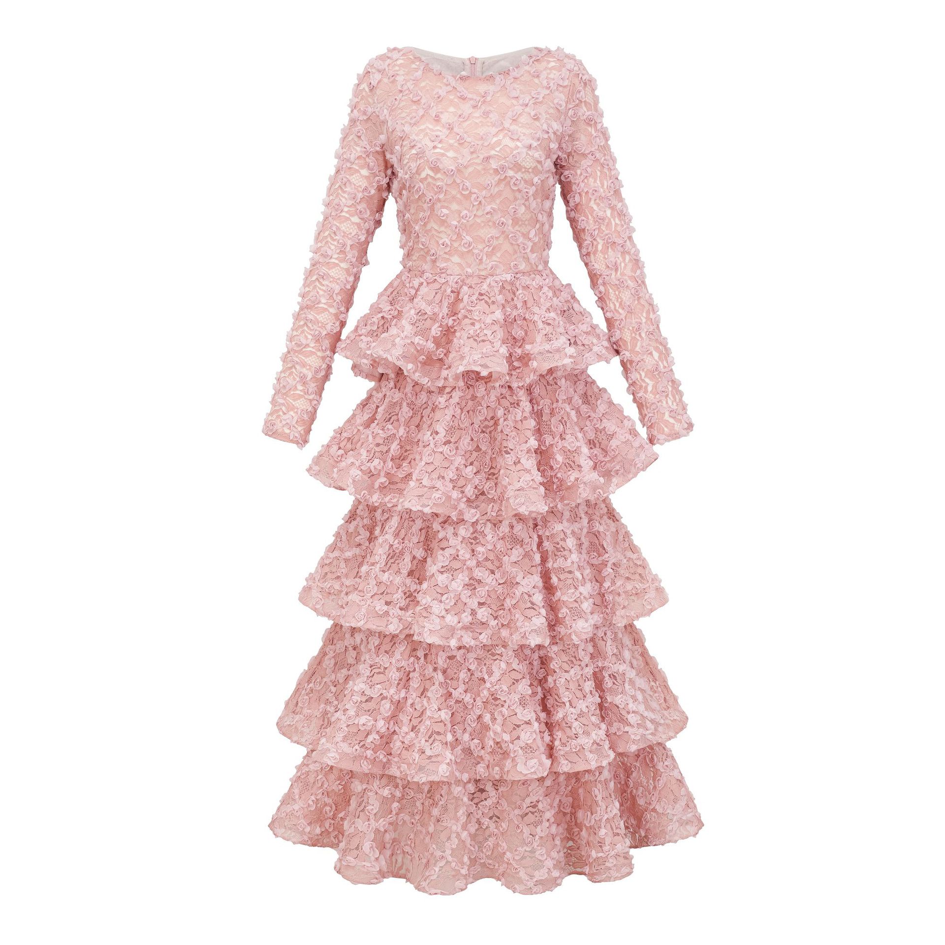 Cross-Border Hot-Selling Foreign Trade Women's Clothing Independent Brand Polyester Sweet Rose Cake Dress Ball Gown Heavy-Duty Dress