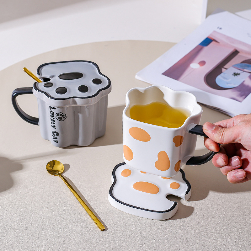 Creativo gato de dibujos animados garra Taza de cerámica Oficina pareja estudiante niños taza de beber con tapa cuchara taza de café