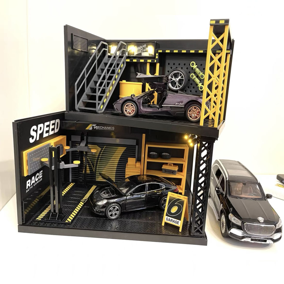 1:24仿真DIY拼装汽车修理厂场景停车场模型停车场摆件收纳玩具车