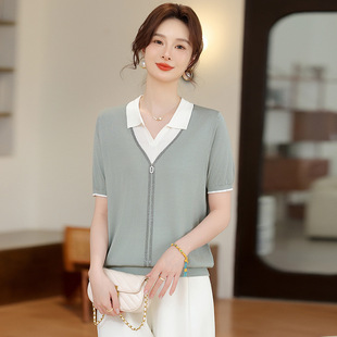 Mom's Ice Silk Short-sleeved T-shirt for Middle-aged Women's Summer Wear Thin Western Style Small Shirt for Middle-aged and Old People's Meat Covering Fake Two-piece Top