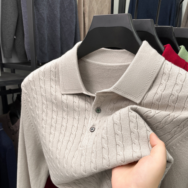 2025 New Winter Base Sweater for Men, Thickened, Middle-Aged, Loose, Solid Color, Casual, Turn-Down Collar Knit Sweater for Men Wholesale