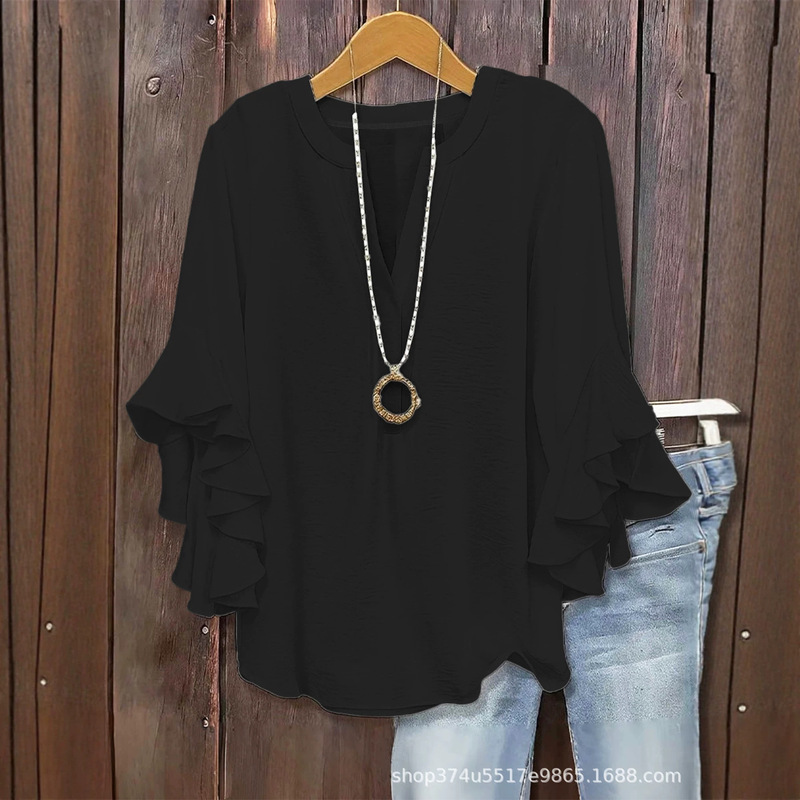3D New Product Cross-Border Creative Floral Element Print Digital Print Casual Trendy V-Neck Ruffle Edge T-Shirt Women's Clothing 3D New Product Cross-Border Creative Floral Element Print Digital Print Casual Trendy V-Neck Ruffle Edge T-Shirt Women's Clothing