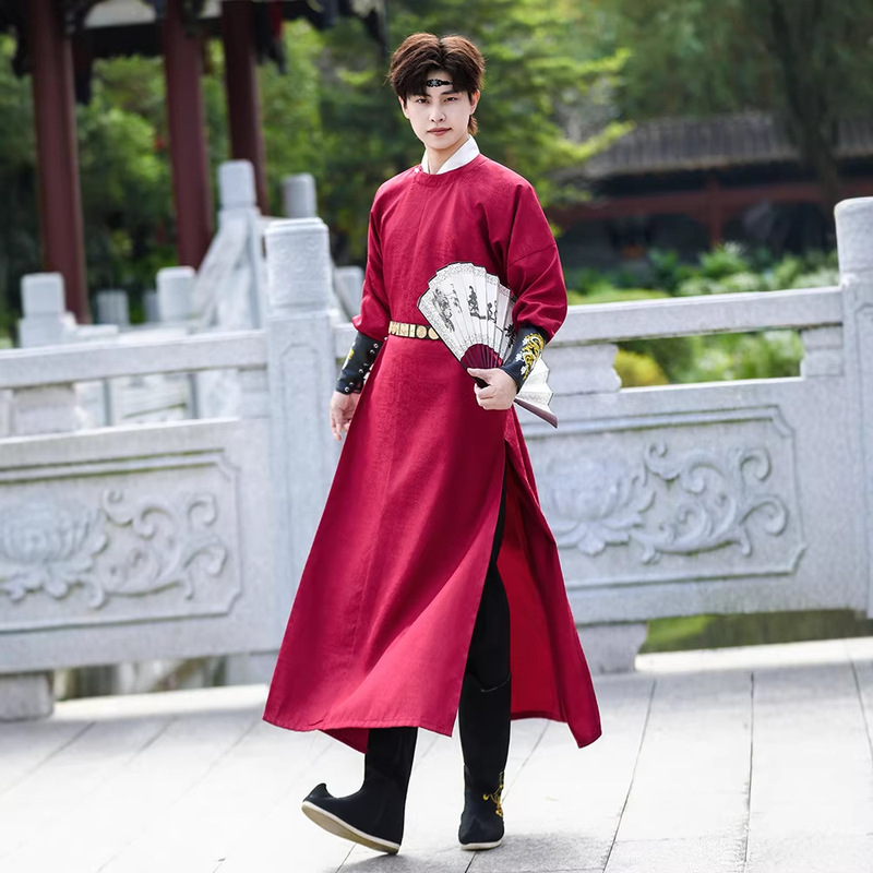 Ancient-Style Round-Neck Robe Hanfu for Men, Imperial Guard Style, Tang Dynasty, Ming Dynasty, Song Dynasty, Wine Red, Traditional Chinese Style, Annual Performance Costume for Men
