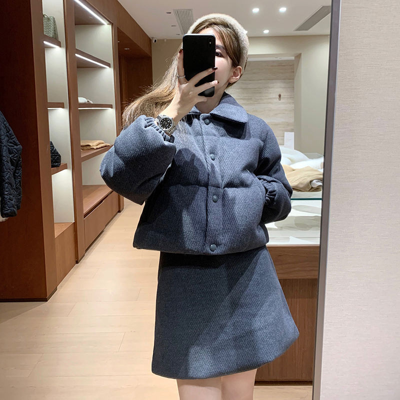 冬季遮肚爆款轻奢韩系翻领短款棉衣棉服外套+半身裙字短裙套装女