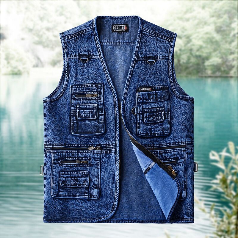 Men's Warm Maple-Colored Vest with Multiple Pockets for Spring and Autumn, Suitable for Middle-Aged and Elderly, Denim Vest for Seniors, Outdoor Casual Loose-Fitting Fishing Vest