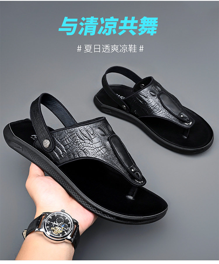 Dép xỏ ngón nam da bò thật chống trượt, kiểu hai quai dùng được đi biển và đi ngoài trời — màu đen chi tiết 3