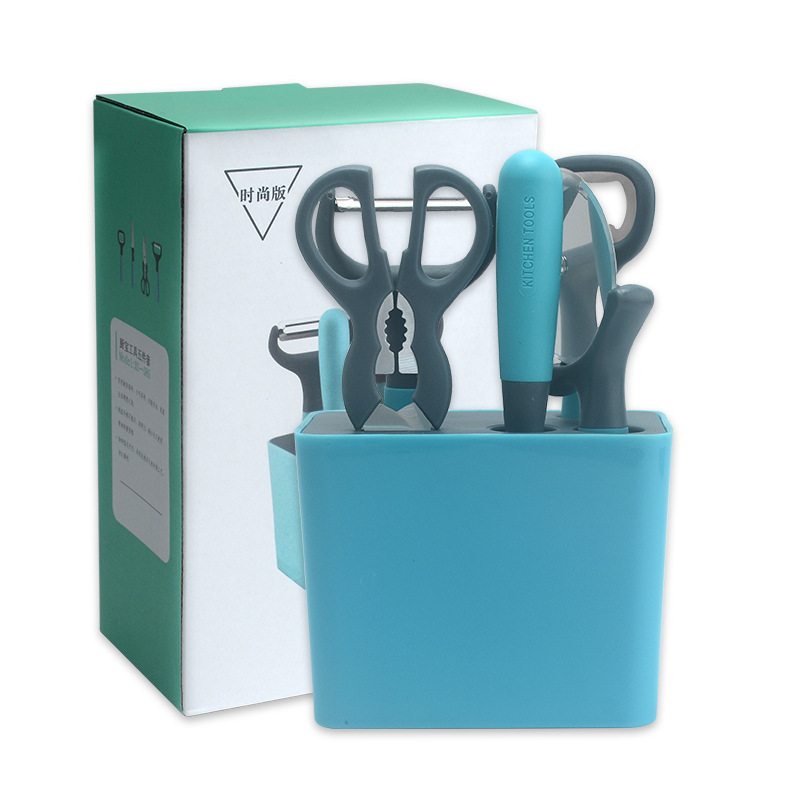 Abrelatas al por mayor de fábrica, corte de pizza, tijeras, pelador, juego de cuchillo de frutas, juego de seis piezas de herramientas de cocina multifuncionales