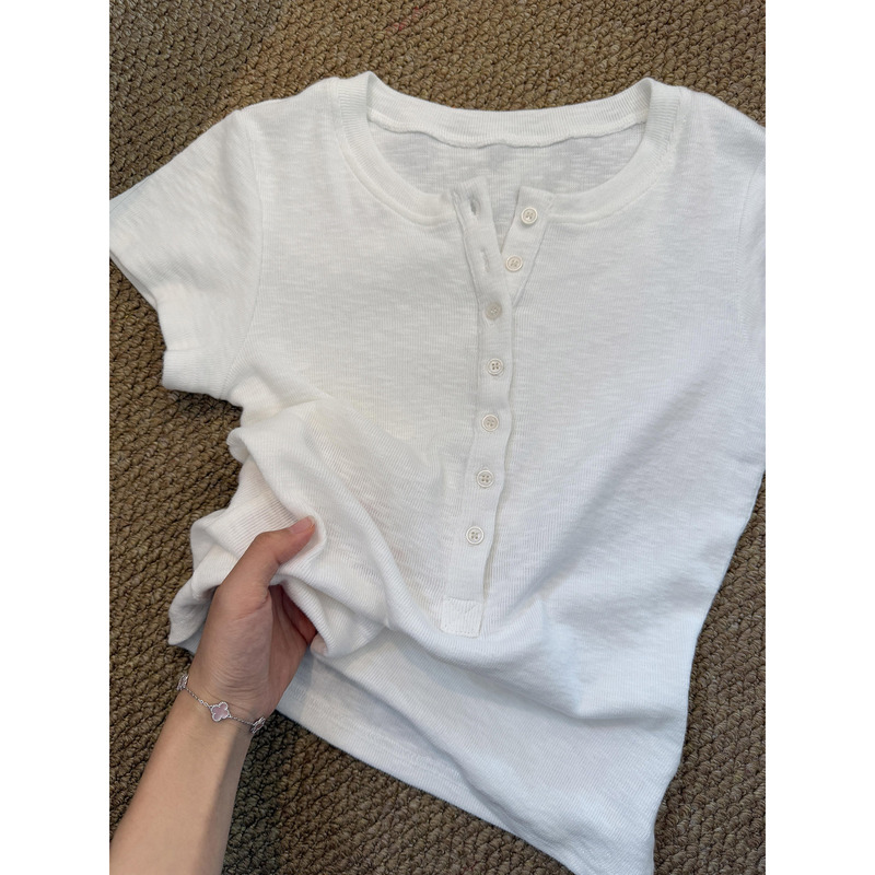 Women's summer solid color slim-fit short-sleeve T-shirt with Henry collar and buttons, half-open V-neck, suitable as a base layer top