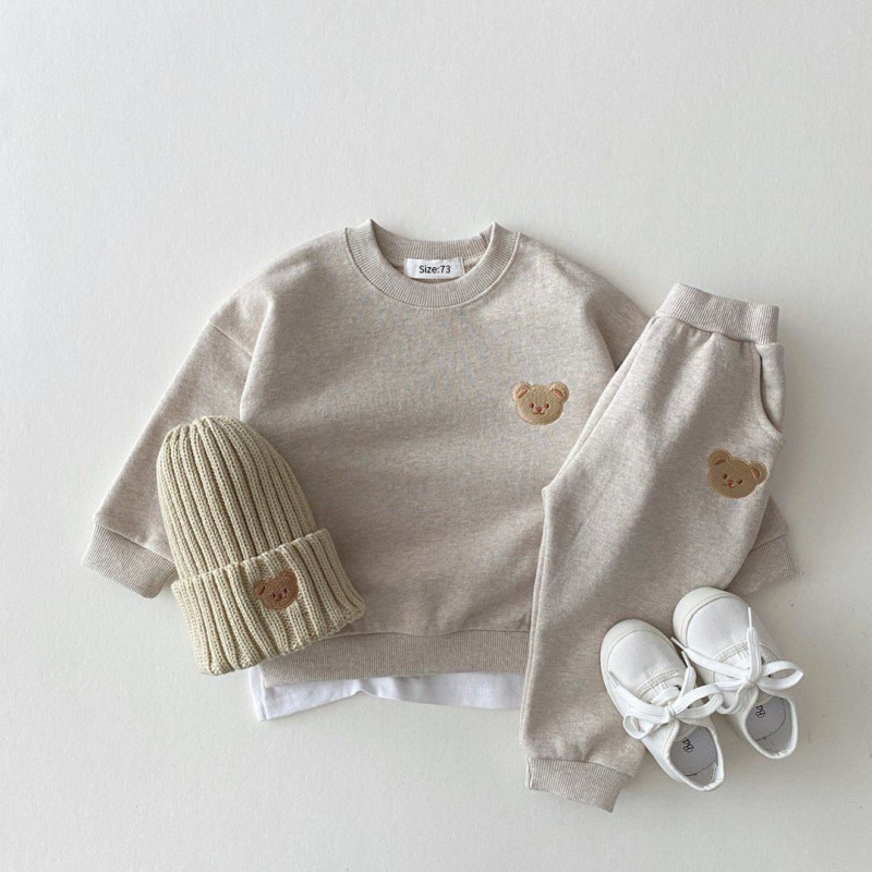 Korean-style ins Newborn Baby Cotton Cubs Round Neck Sweatshirt Sports Suit Baby Casual Cartoon Two-piece Set