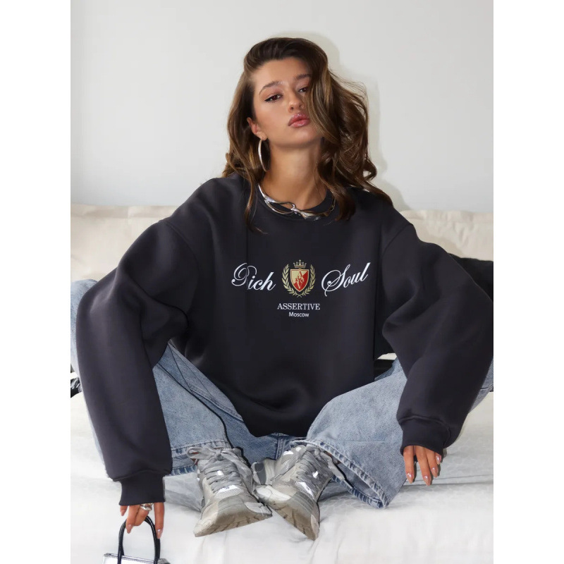 2025 European and American Style Autumn and Winter New Casual Versatile Loose Velvet Thickeneded Fashionable Printed Pullover Round Neck Sweatshirt for Women 2025 European and American Style Autumn and Winter New Casual Versatile Loose Velvet Thickeneded Fashionable Printed Pullover Round Neck Sweatshirt for Women