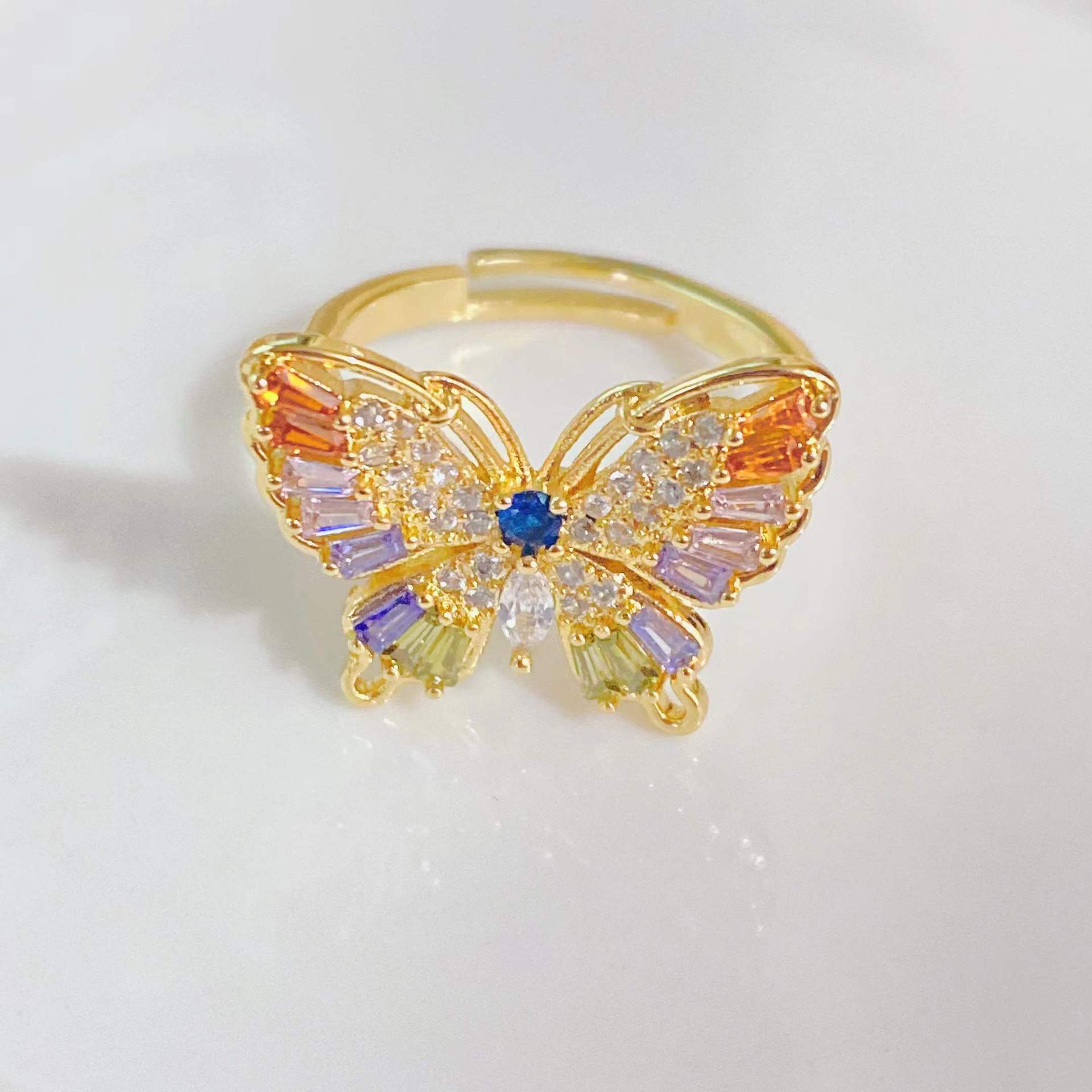 European and American fashion trend ring 18k gold plated zircon butterfly open female ring