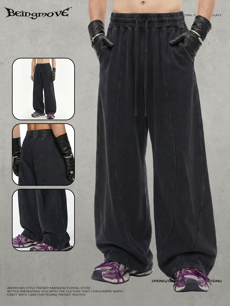 Calle secada| Nuevo estilo americano vintage casual pesado lavado con agua pantalones de bayoneta grandes pantalones rectos largos sueltos de moda para hombres