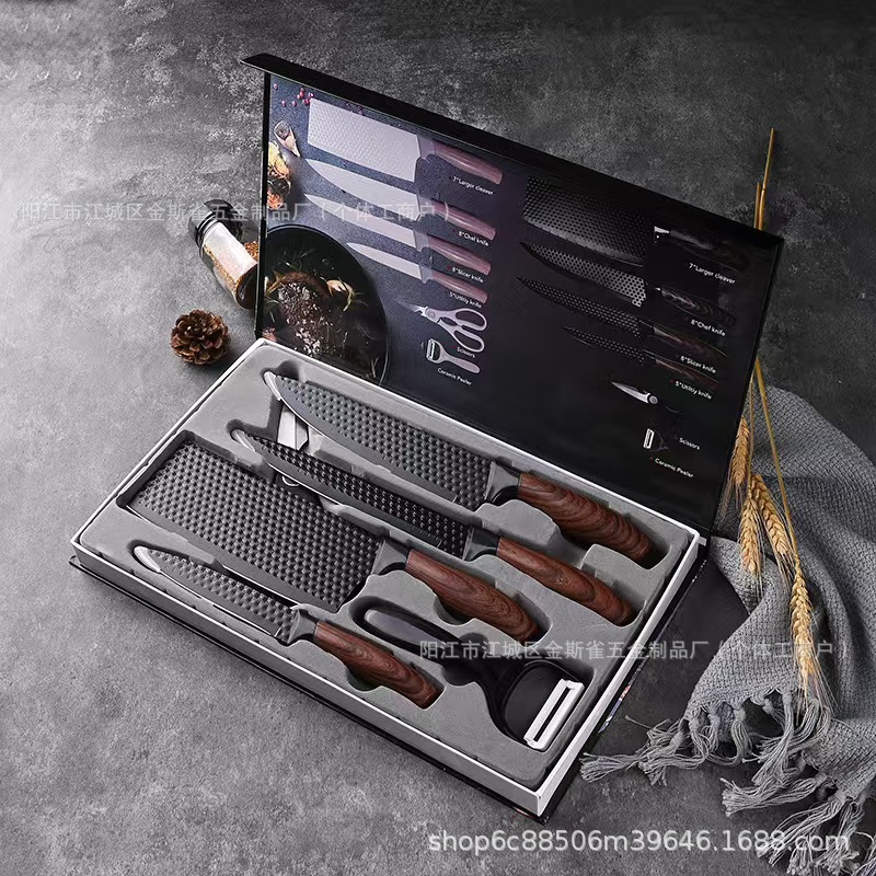 Cross-Border Hot-Selling Kitchen Knife Set Fat Boy Handle Wood Grain Covered Six-Piece Kitchen Knife Combination Kitchen Utensils Wholesale