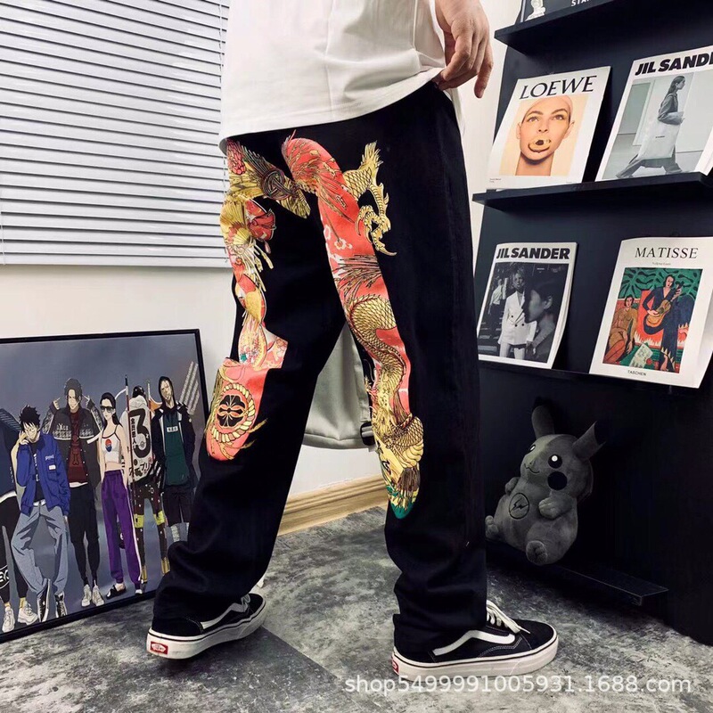 Dropshipping Evisu Autumn Heavyweight Year of the Snake Limited Edition Daruma Big m Print Straight-Leg Denim Pants for Men