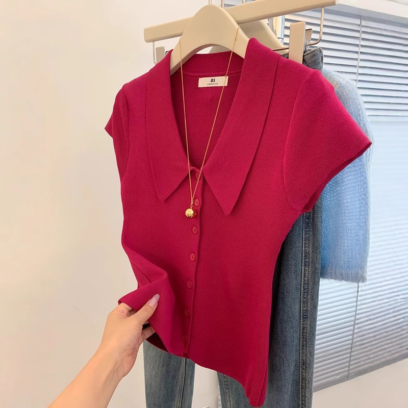 Lasel Single-breasted Slim-fit Solid Color Short-sleeved Sweater 2025 Summer New Retro Dopamine Elegant Top for Women Lasel Single-breasted Slim-fit Solid Color Short-sleeved Sweater 2025 Summer New Retro Dopamine Elegant Top for Women
