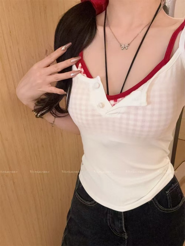 ドーパミンイエローチェック柄クロスホットガールレース美しいバックキャミソール女性の夏の刺繍文字レーヨン偽ツーピース|undefined