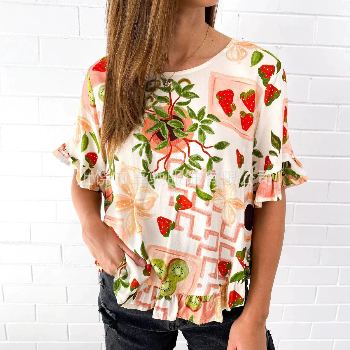 2025 новые летние женские короткие рукава Amazon круглый вырез короткий рукав 3D цифровая печать дизайн с кружевом в виде листьев лотоса