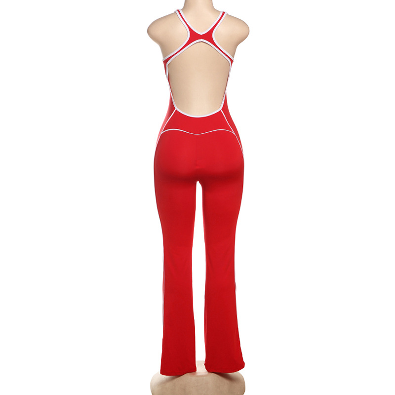 Women's Backless Slim-Fit Yoga Jumpsuit - High Waist Tummy Control Workout Bodysuit With Contrast Color Design For Summer_voghion.com