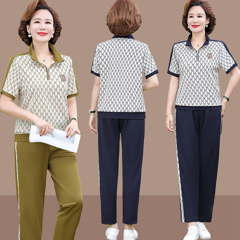 Mother Summer Short-sleeved suit Western Style New Sportswear Middle-aged Summer Casual Middle-aged Women's T-shirt Two-piece Set