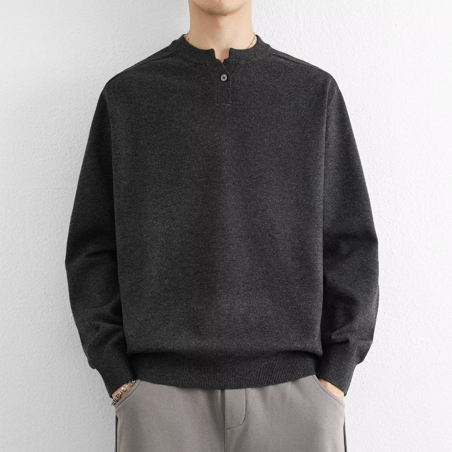 Henry cuello V camiseta de manga larga suéter hombre viejo dinero lujo ligero negocio primavera y otoño suéter fábrica transfronteriza al por mayor image 3