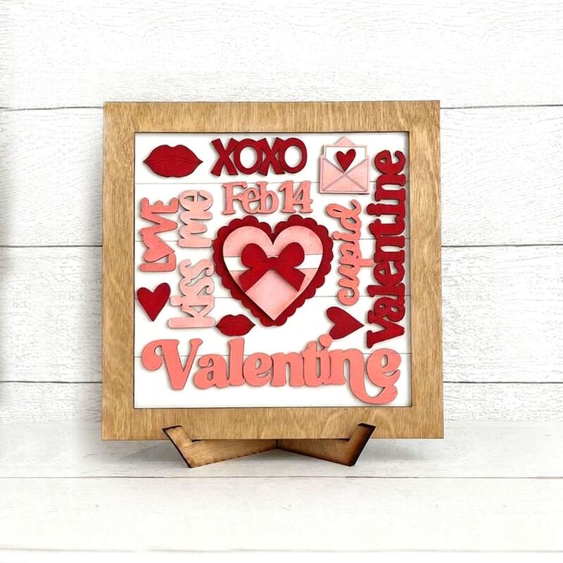 Cross-Border New Valentine Laser Valentine's Day Text Collage Wooden Valentine's Day Sign and Stand