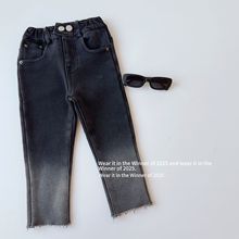 加厚女童冬季新款韩版纯色喇叭裤 儿童一体绒牛仔裤微喇裤