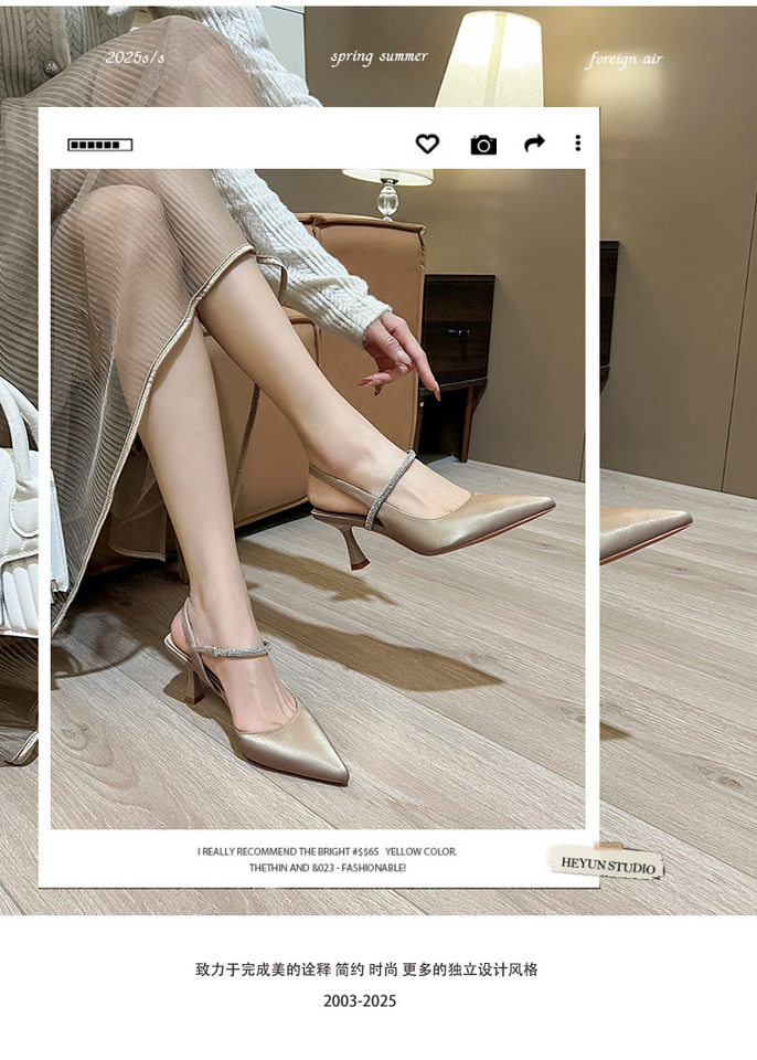 Sandal nữ bít mũi quai ngang đính đá, gót nhọn 6–8 cm — Màu kaki, Màu trắng be, Màu vàng nhạt chi tiết 3