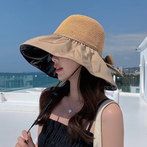 Summer Black Vinyl Bow Tie Sun Hat for Women, Lattice Striped Hat, UV Protection, Large Brim, Face Covering Sun Sunfish Hat