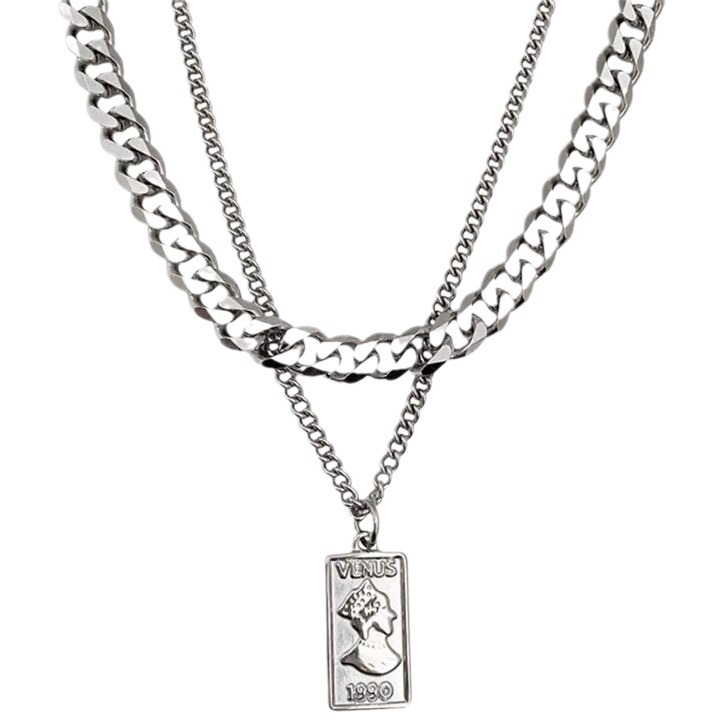 Collier hip-hop cubain tendance à double rang, pendentif rétro européen et américain en acier titane_voghion.com