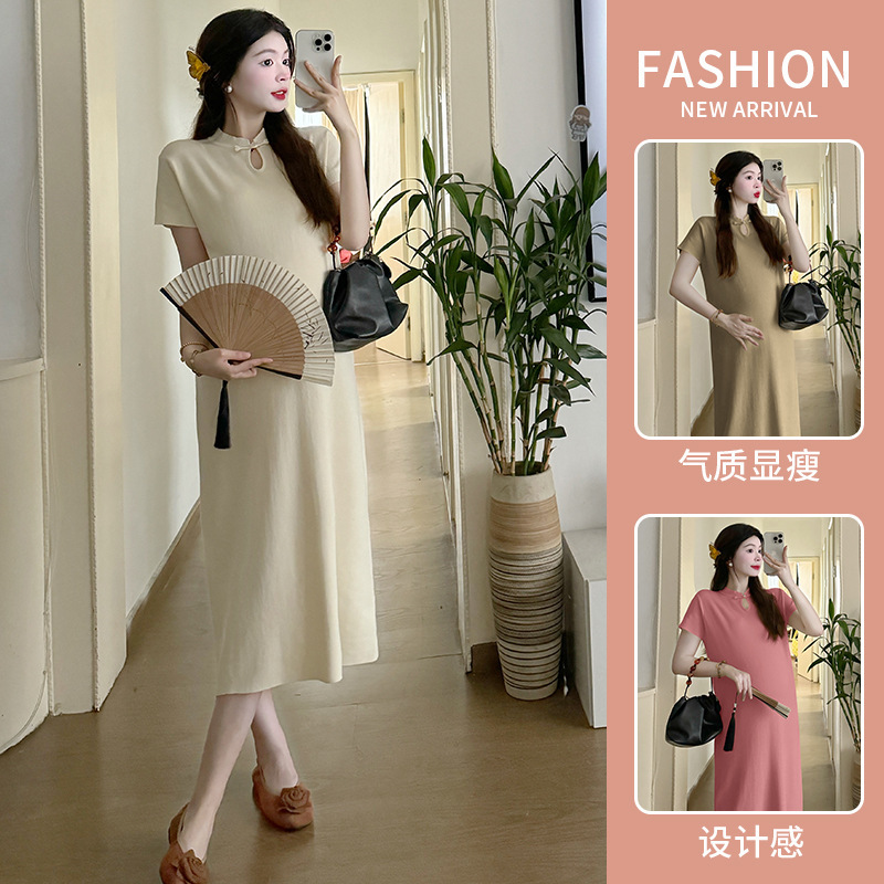 Real Shot Fashion Small Fresh New Chinese Modified Cheongsam Slimming Pregnant Women dress Mid-length Pregnant Women Postpartum Lactation Skirt