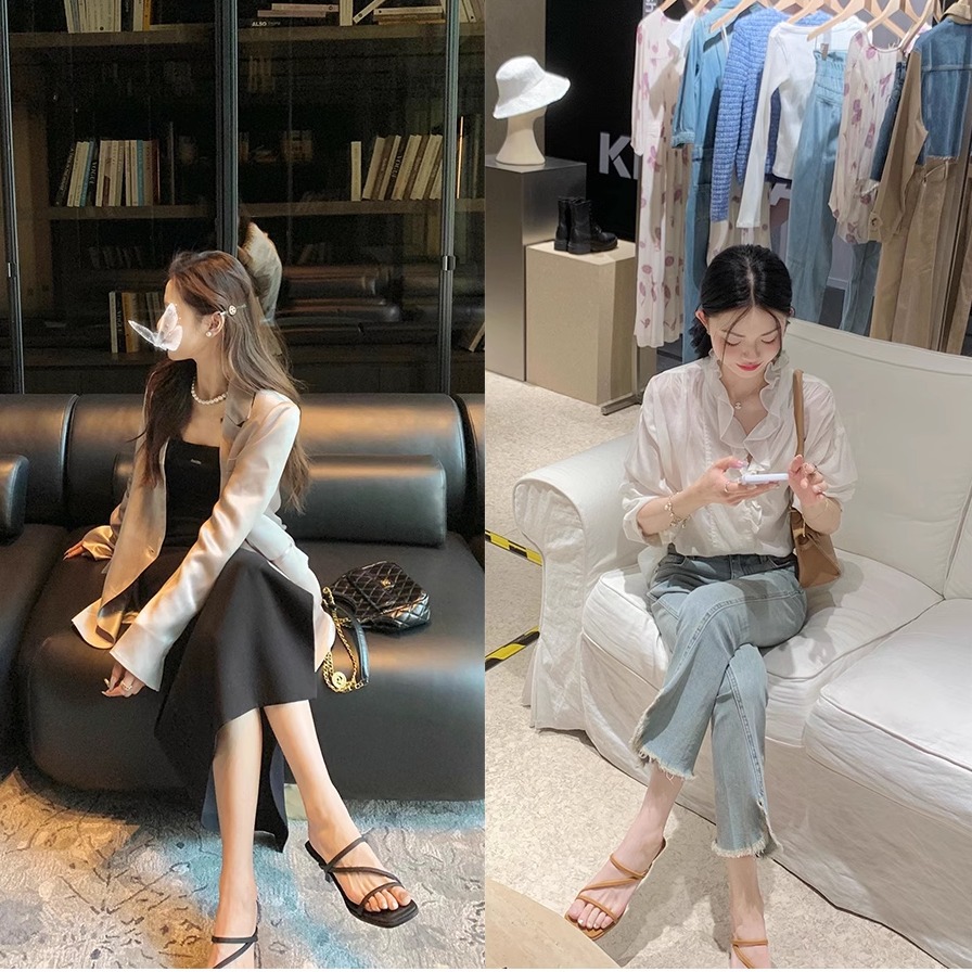 Versión de piel de oveja ~ Grape Madre con el estilo francés delgado cinturón de hadas cabeza cuadrada delgada zapatillas de tacón alto zapatillas de verano para mujeres