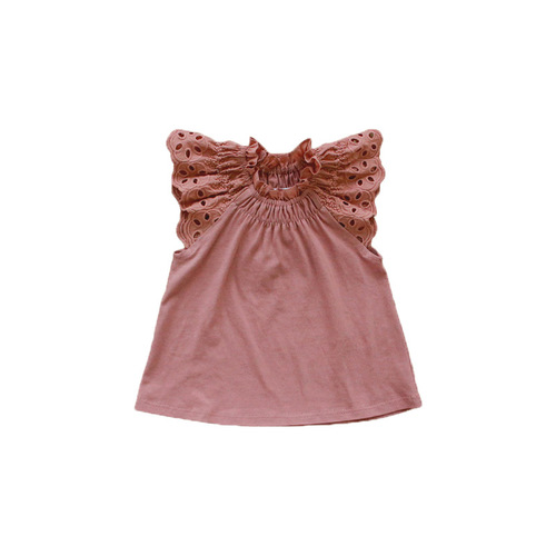 Summer 2025 Strawberry Sandy Korean Children's Clothing Girls' Solid Color Ladylike Lace Sleeve T-shirt Skin-friendly