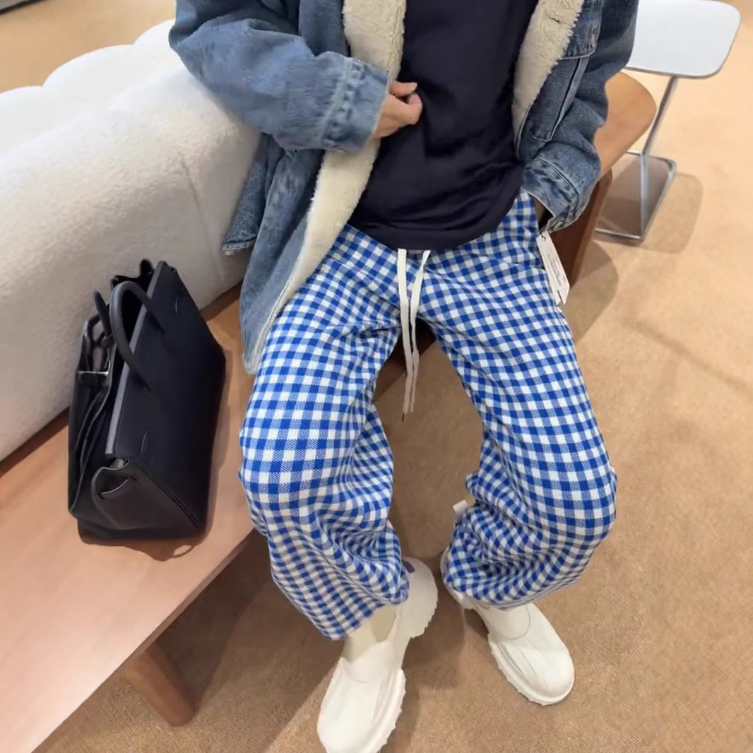 860G 높은 버전 24 겨울 새로운 틈새 디자인 니트 체크 울 DRAWSTRING 느슨한 캐주얼 바지 바지 여성