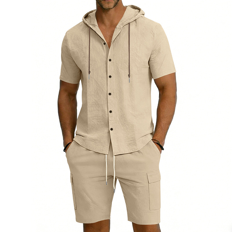 Men's Linen Hooded Short Sleeve Shirt With Workwear Shorts Set, Relaxed Fit Breathable Summer Outfit For Vacation And Casual Style_viptrois.com