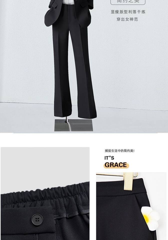 Bộ vest công sở nữ thanh lịch dài tay quần ống loe nhẹ — Quần đen, Áo đen đơn chiếc, Quần áo đen + quần chi tiết 14
