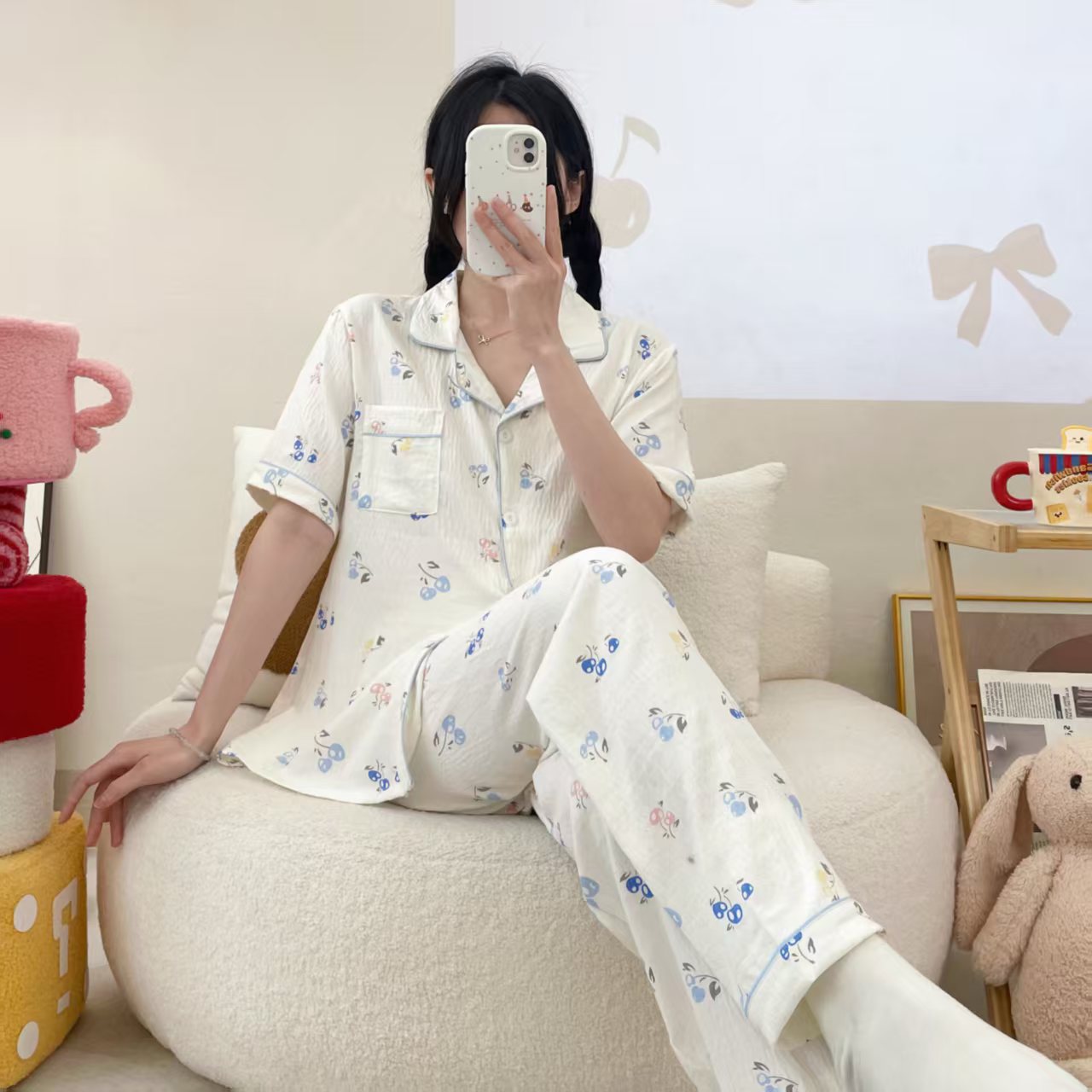 Comercio exterior al por mayor nubes de algodón de manga corta pantalones cardigans con la solapa pijamas de dibujos animados de mujer verano dulce ropa doméstica transfronteriza