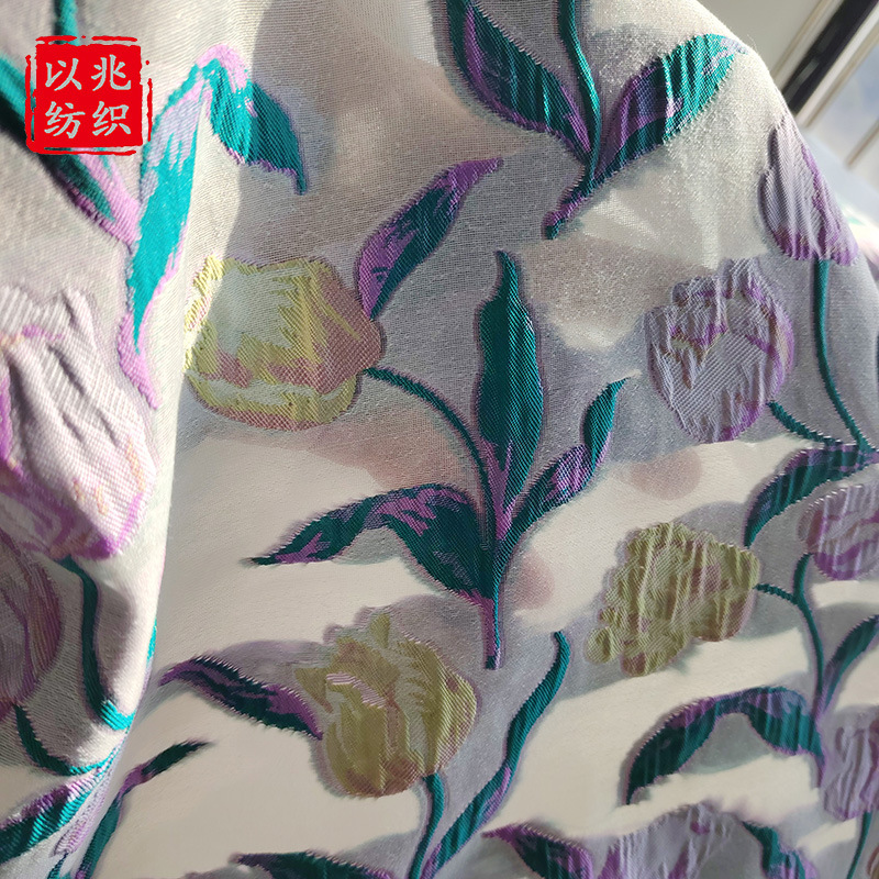 新款春夏立体镂空剪花复古花朵提花面料连衣裙泡泡袖旗袍礼服布料