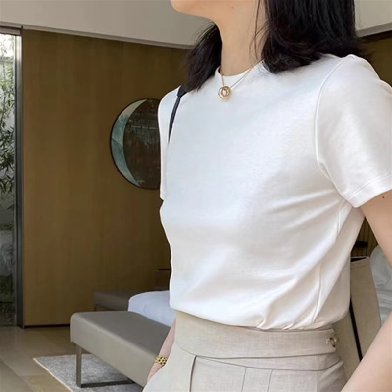 Heavyweight Pure Cotton White T-Shirt for Women, Round Neck, Short Sleeve, Summer Base Layer Top, 2026 Style