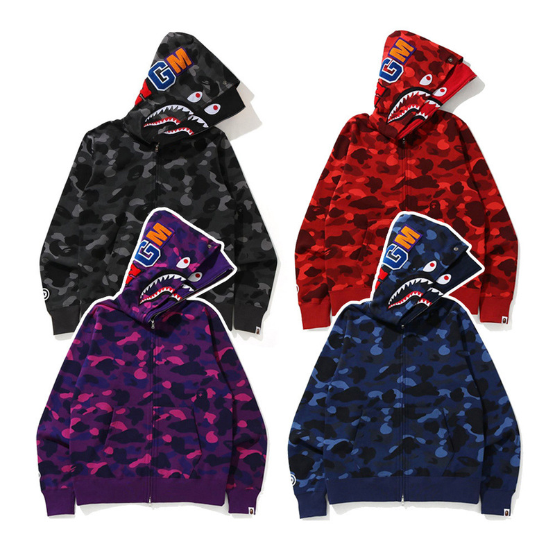Trendy Brand Bape Shark Head Classic Collaboration Thin Fleece Double-Hood Camouflage Sweatshirt Collection for Men and Women Trendy Brand Bape Shark Head Classic Collaboration Thin Fleece Double-Hood Camouflage Sweatshirt Collection for Men and Women