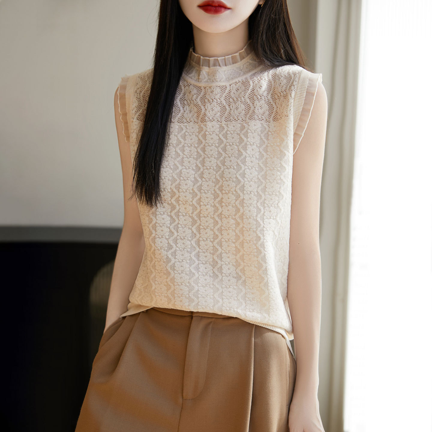 [Directly from the Manufacturer] Solid Color Jacquard Tencel Half Turtleneck Sleeveless Vest for Women Summer Thin Knitted Ice Silk Shirt