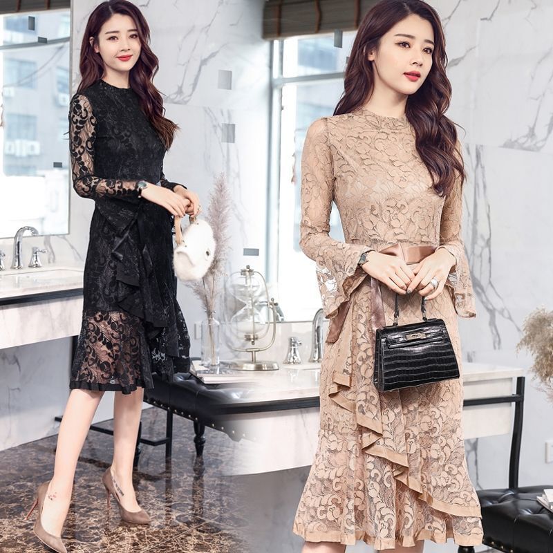 Lace Long-Sleeved Dress Spring and Autumn 2026 New Style Women's Korean Style Slim Fit Mid-Length Bottoming Fishtail Skirt Elegant