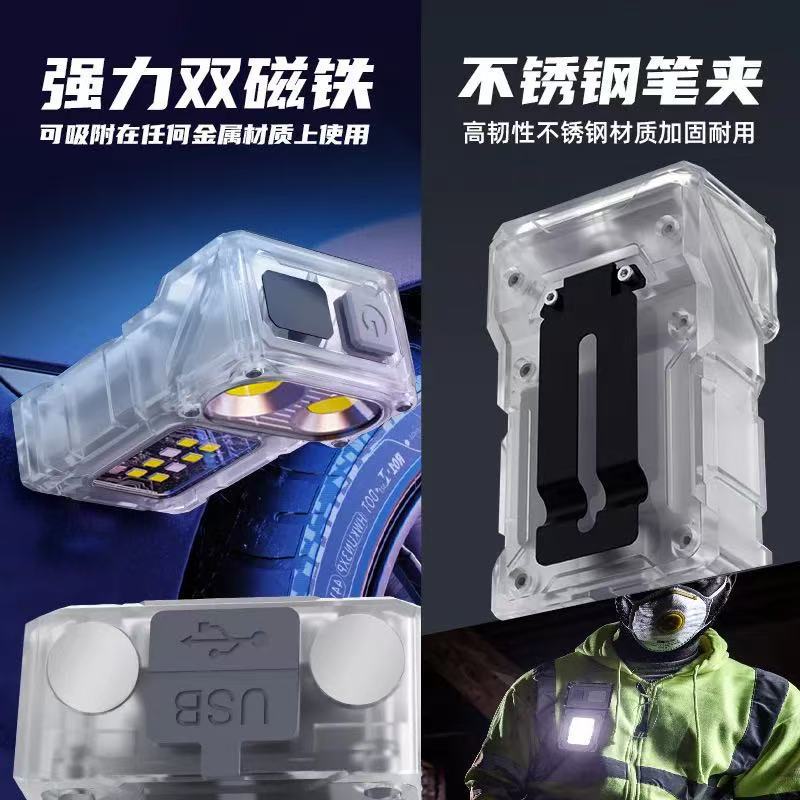 Transfronterizos nueva mini linterna alarma de defensa cargada al aire libre lámpara de sombrero de pinza luz nocturna luz de llaver de múltiples fuentes