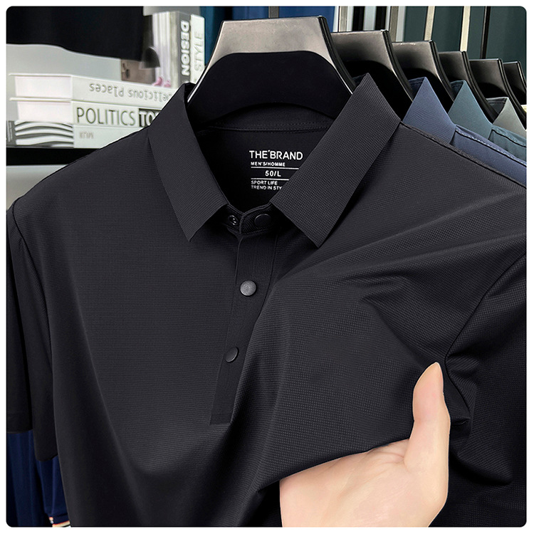 Áo polo nam tay ngắn cổ bẻ ẩn nút, chất liệu ice silk thấm hút nhanh khô — đen chi tiết 7