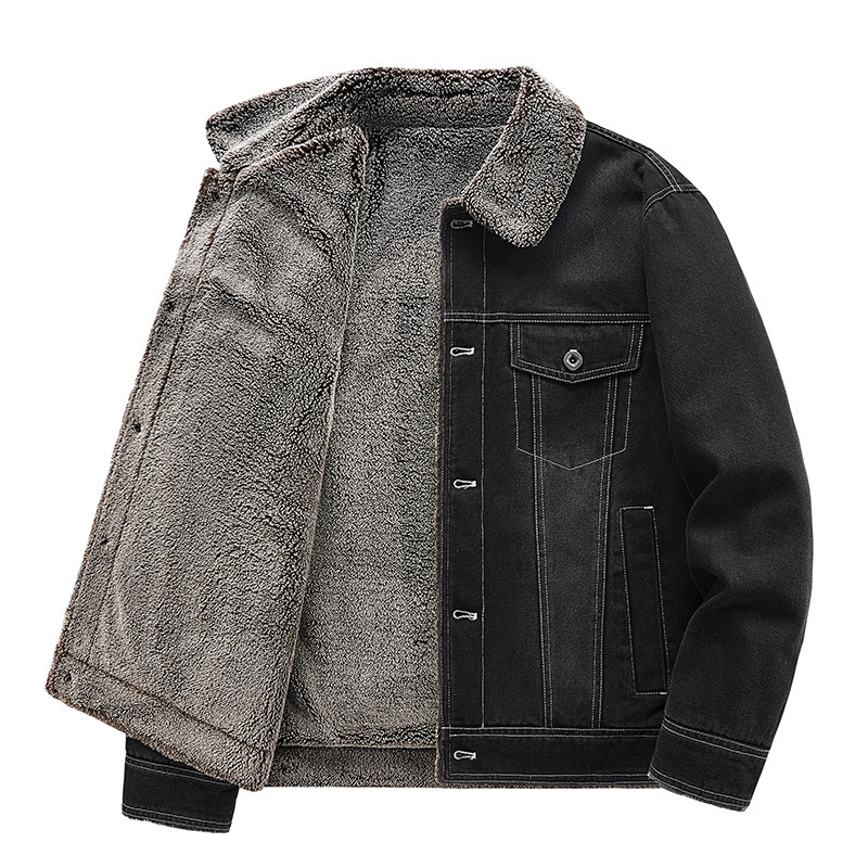 New Men's Denim Fleece-lined Thickened Cotton-padded Jacket Warm Top Youth Jacket Autumn and Winter Jacket Men's Trendy 9038