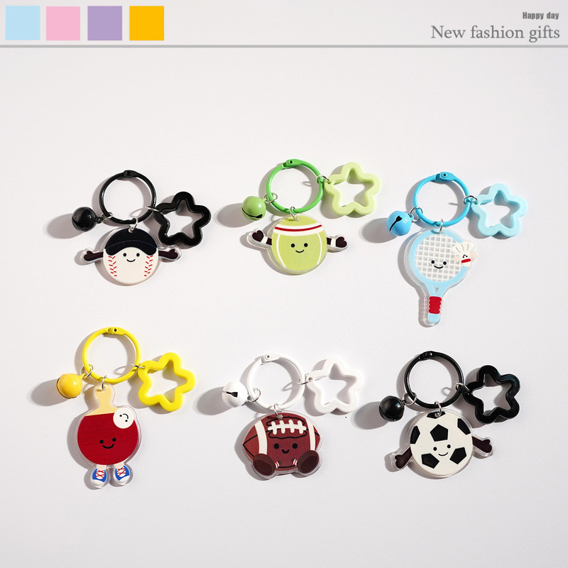 Cute Cartoon Badminton, Table Tennis, Football, Rugby, Bell Keychain, Earphone, Backpack Pendant, Tennis Gift