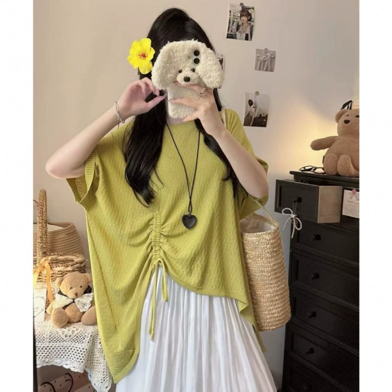 Summer knitted sweater with a round collar, plus size, drawstring, loose fit