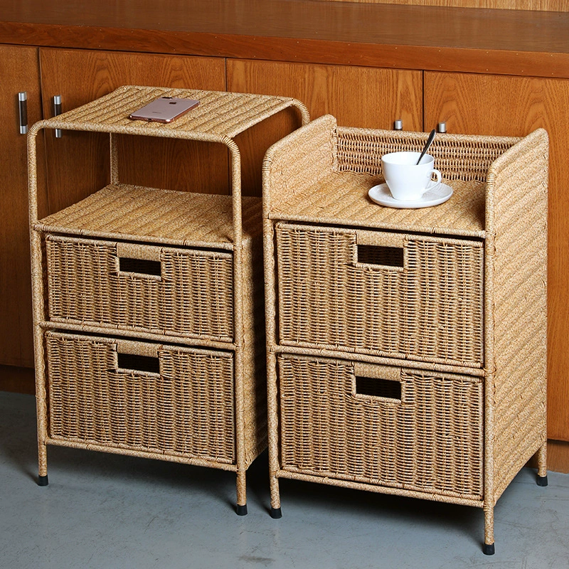 Тумбочка в скандинавском стиле Двухслойная спальня Простой маленький шкаф Тумбочка для дома Тумбочка для хранения Имитация ротанга Ткачество